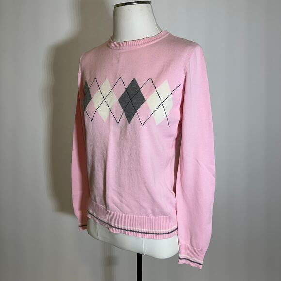 IZOD Pink/White/Gray Argyle Sweater Womens Size Small S Y2K 2000s 100% Cotton - Picture 4 of 11